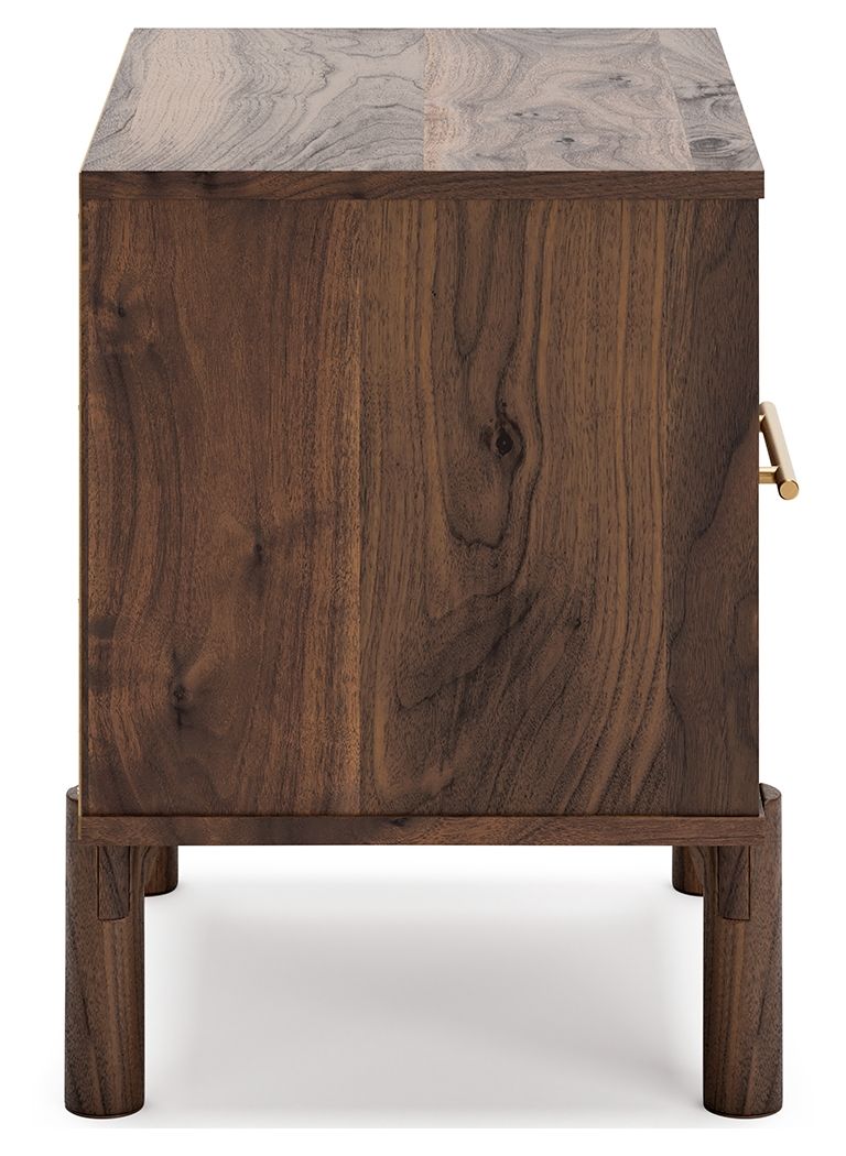 Nightstand S d with a rich finish over replicated walnut wood grain, paired with a goldtone
