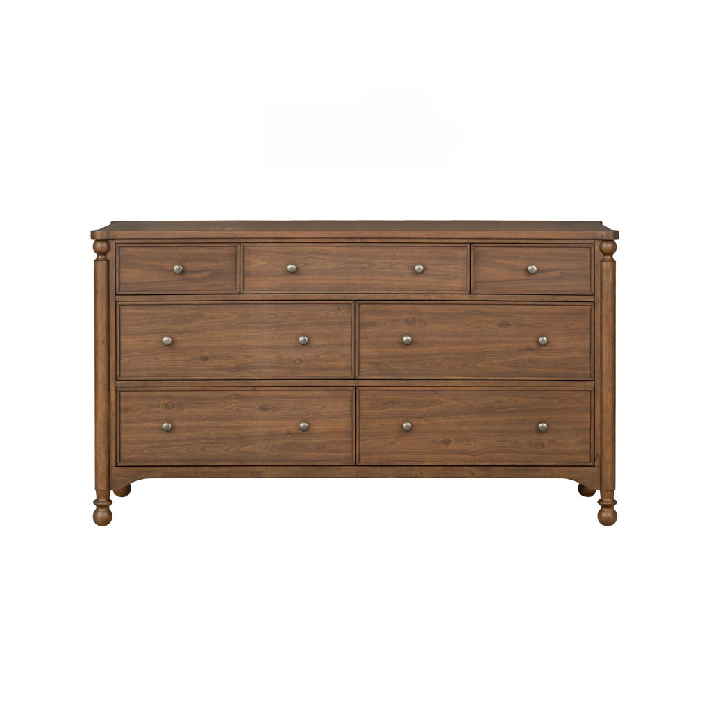 Commode en noyer - Caractéristiques du produit : style néo-traditionnel avec pieds tournés et détails de pinacle.