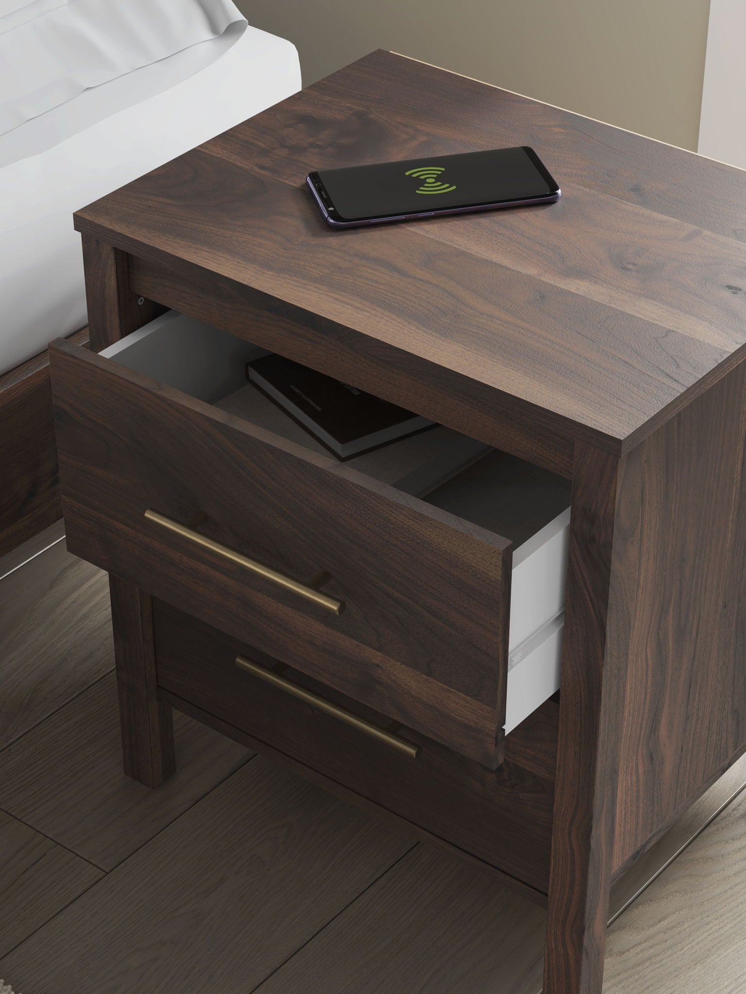 Nightstand S d with a rich finish over replicated walnut wood grain, paired with a goldtone