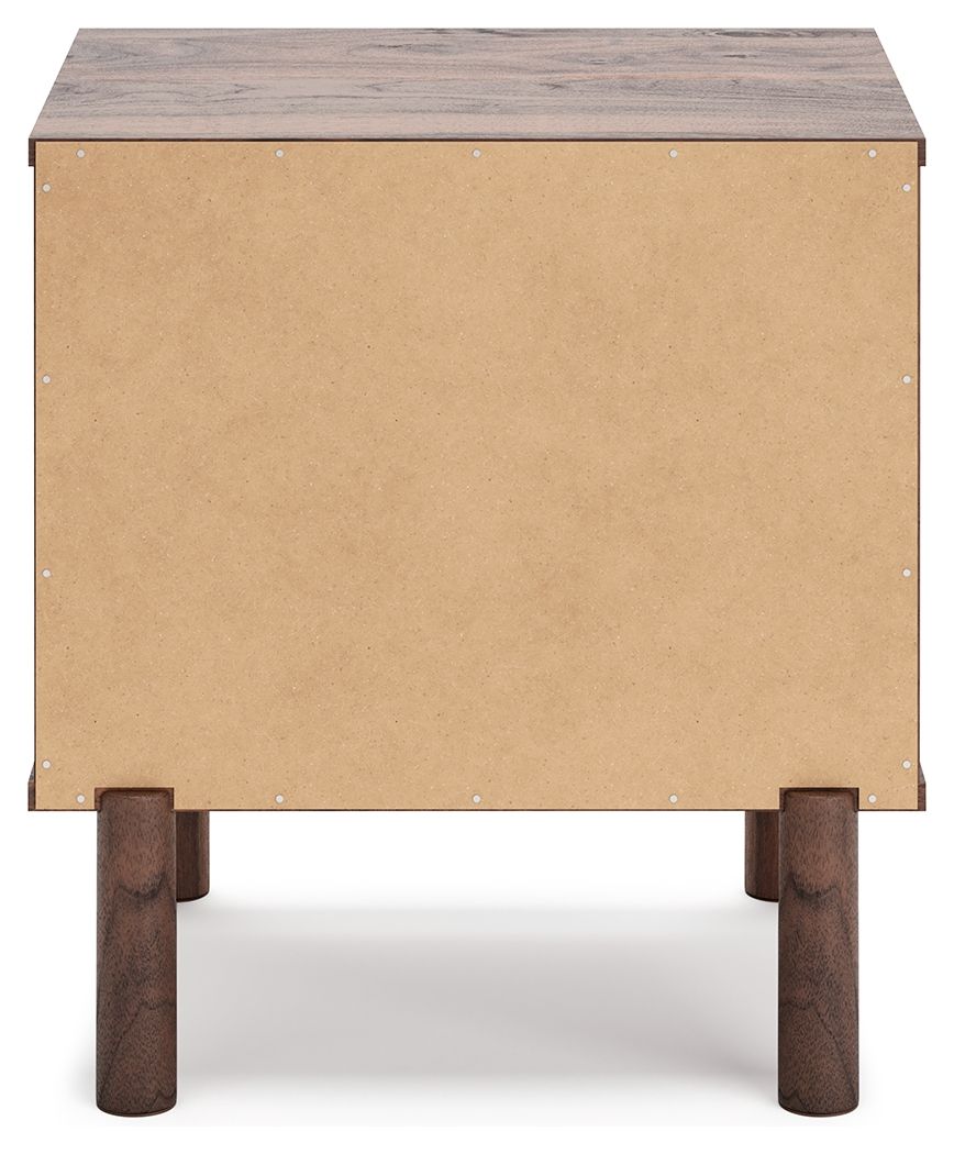 Nightstand S d with a rich finish over replicated walnut wood grain, paired with a goldtone