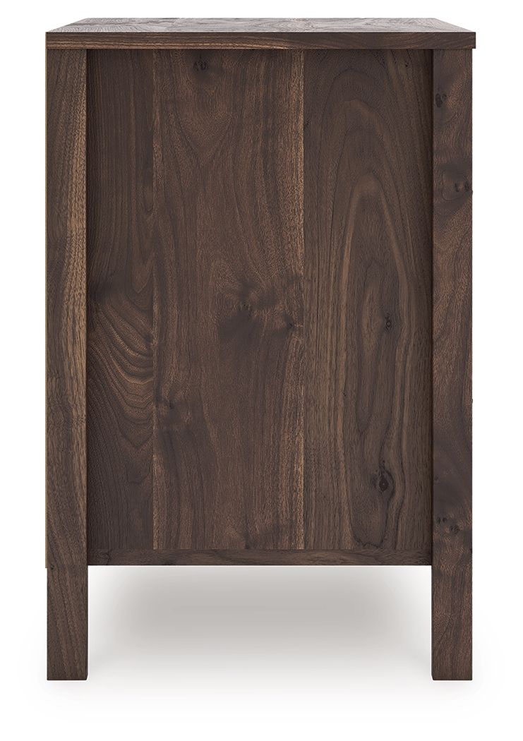 Nightstand S d with a rich finish over replicated walnut wood grain, paired with a goldtone