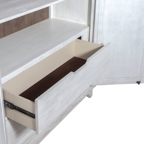 Armoire blanche et caractéristiques du produit : Glissières à fermeture douce de 45 mm montées sur le côté.