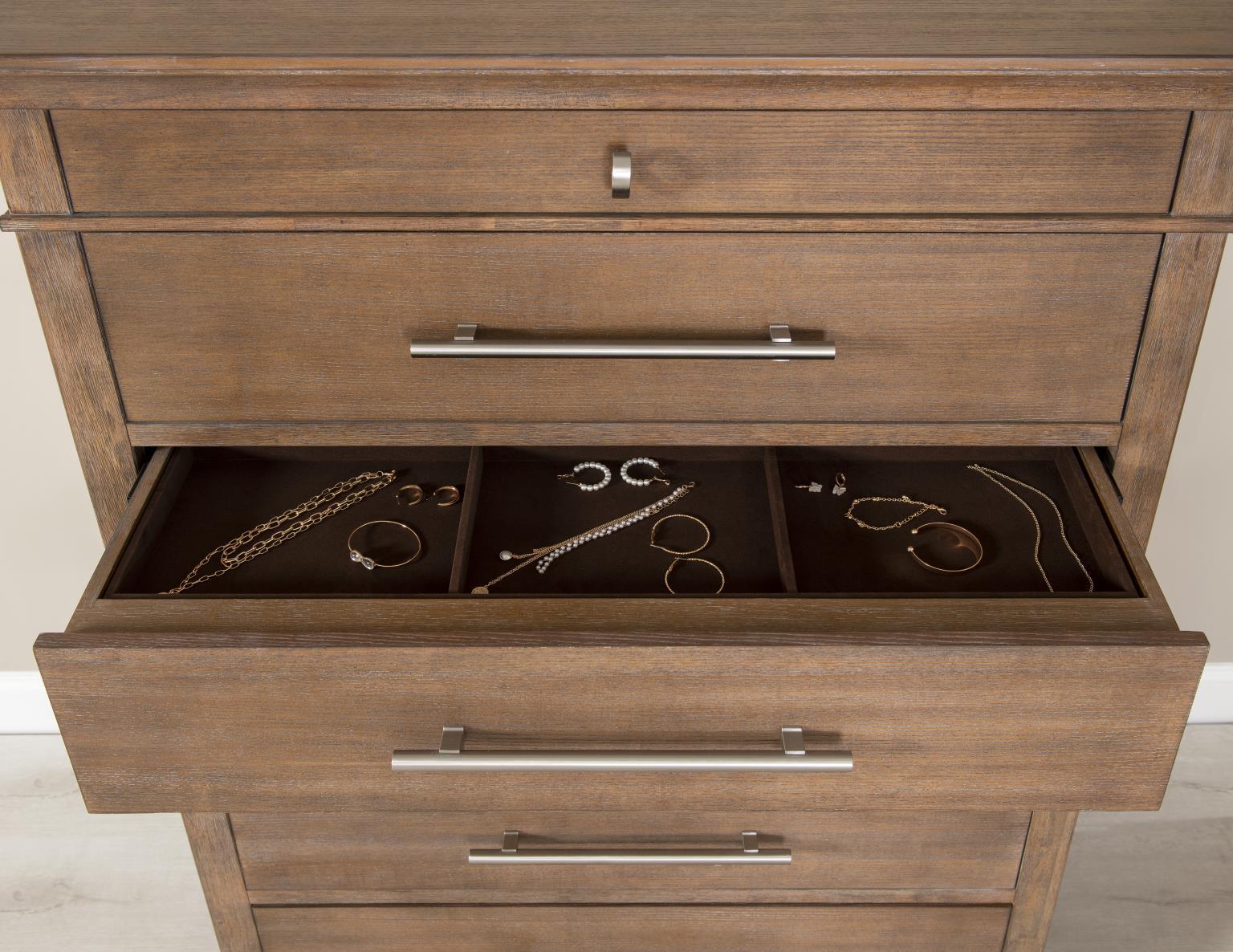 Chest crafted of Ash veneer and Select Hardwood Solids, the fresh finish delivers a