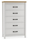 Cinq commodes blanches/brunes Caractéristiques du produit Fabriquées en bois manufacturé (MDF/panneau de particules/contreplaqué) et