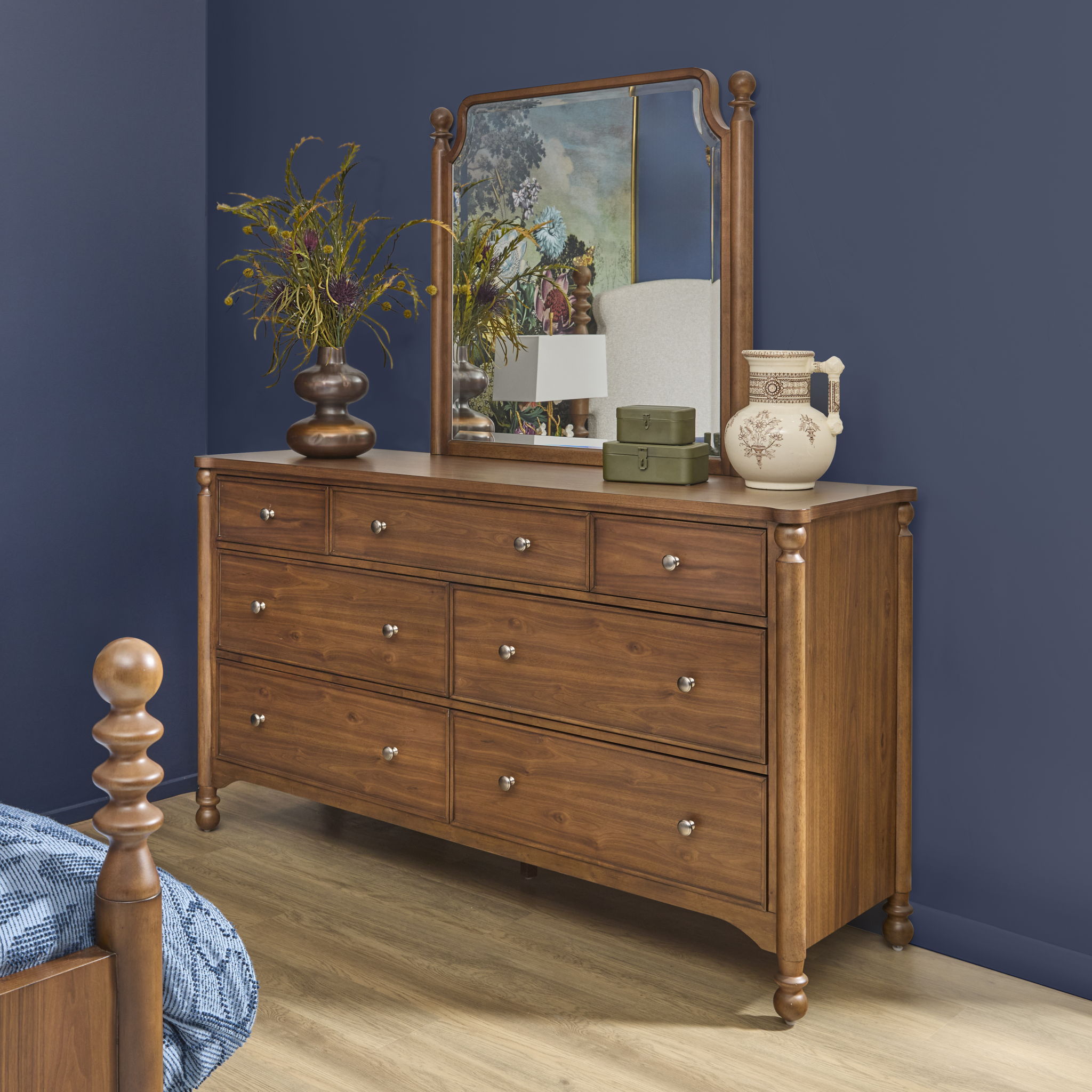 Dresser Walnut product Features New traditional style with turned legs and finial details