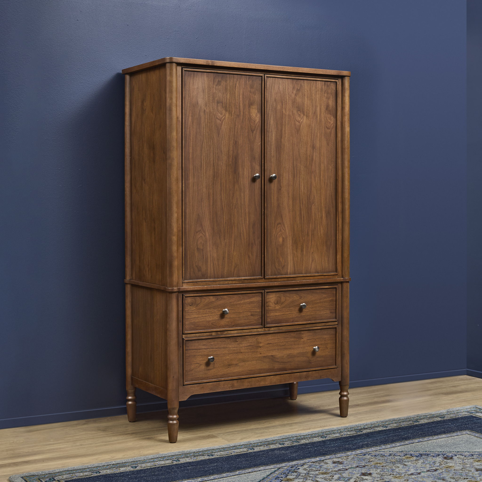 Armoire Walnut product Features New traditional style with turned legs and finial details