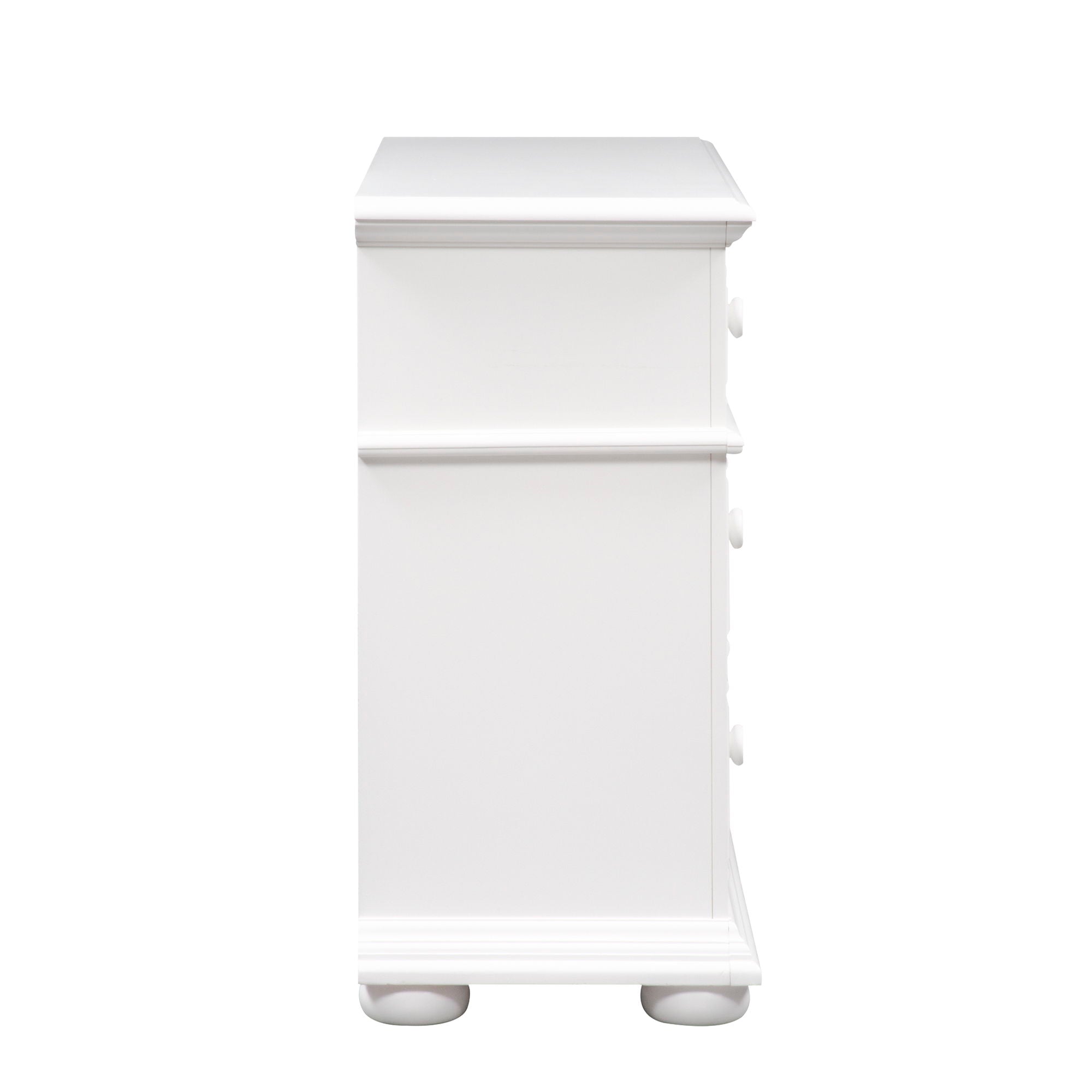 Dresser features the best of cottage with louvered panel accents in an Oyster white
