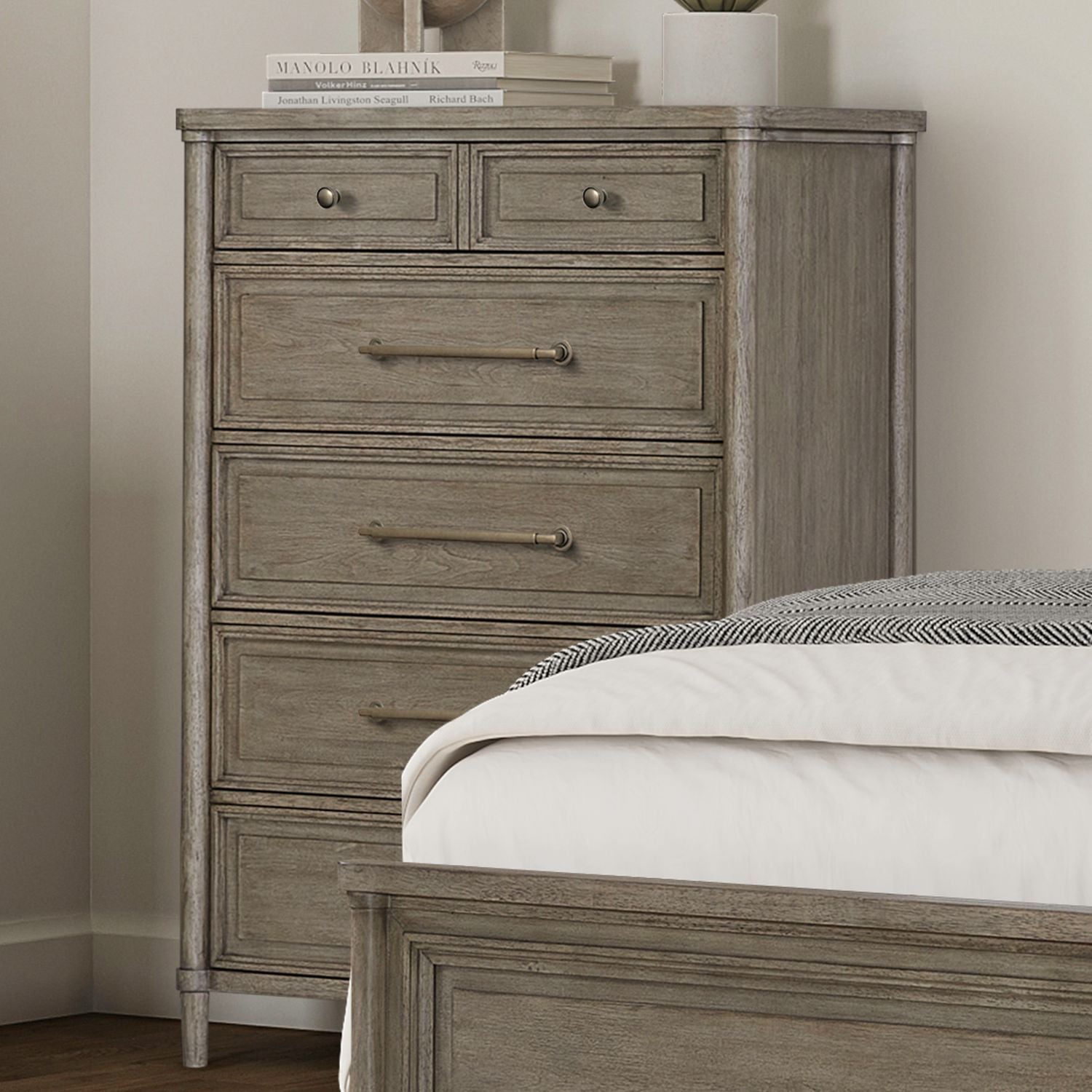 5 Chest Taupe product Features Brass Wash Bar Pull & Knob Hardware Premium Felt Lined Top