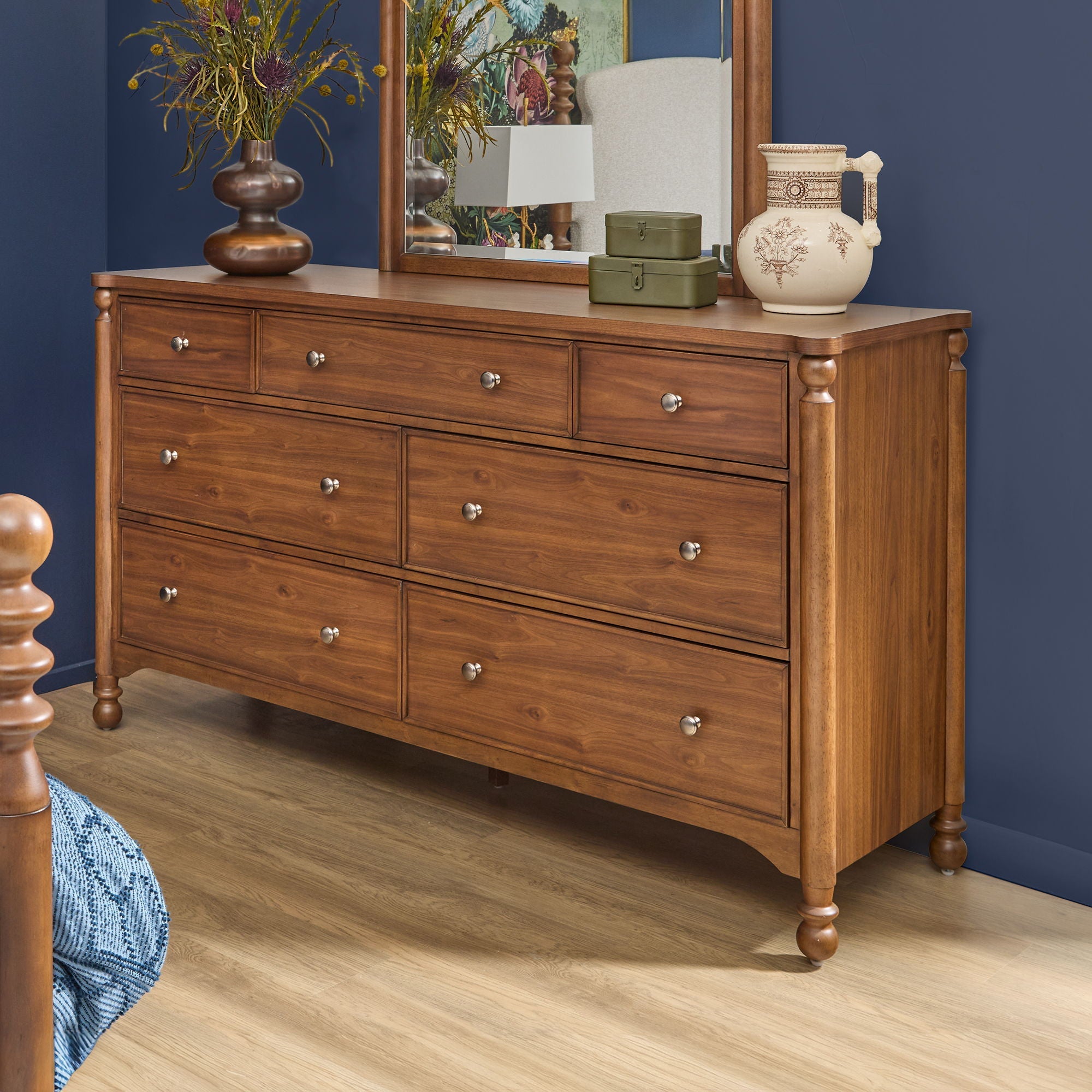 Dresser Walnut product Features New traditional style with turned legs and finial details