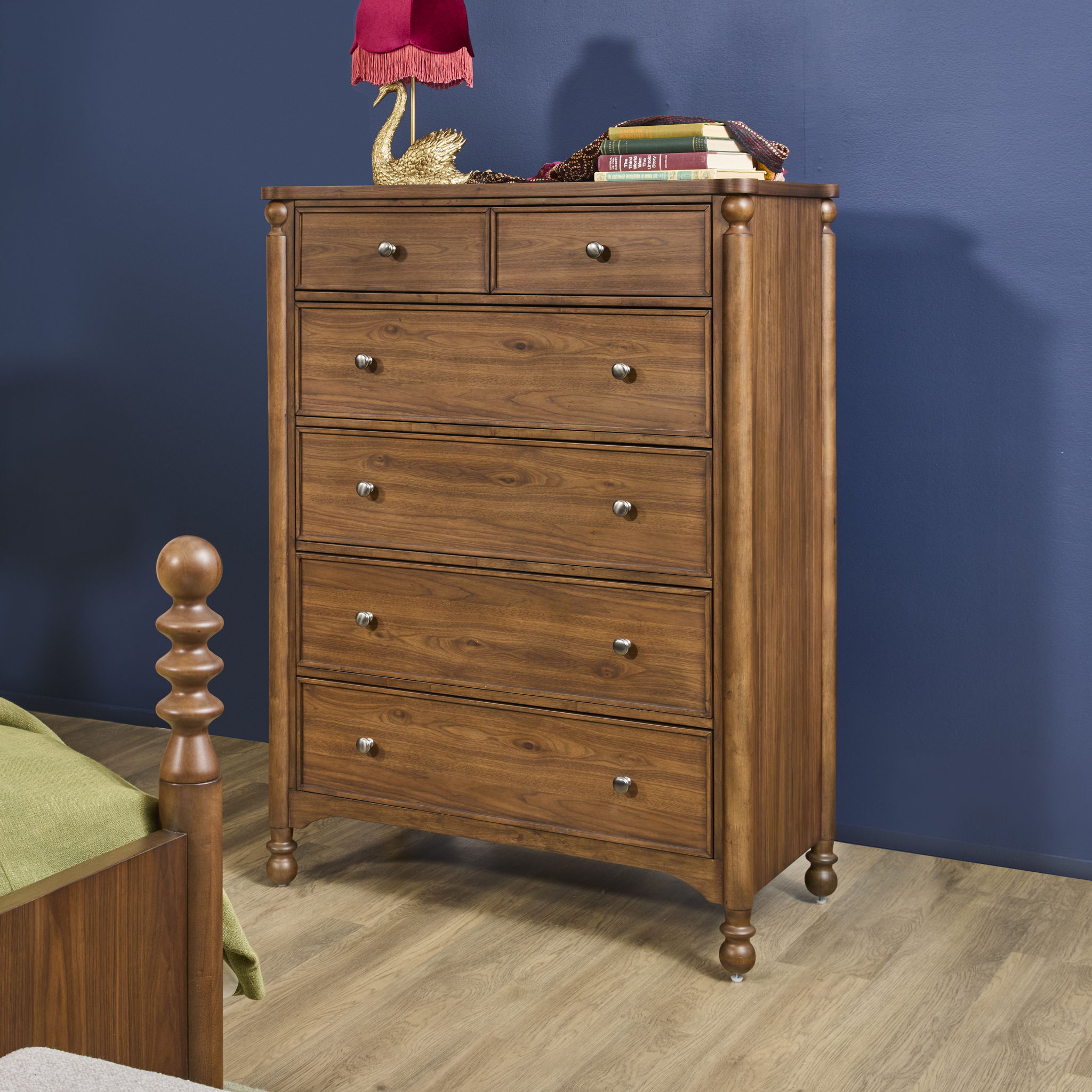 Chest Walnut product Features New traditional style with turned legs and finial details