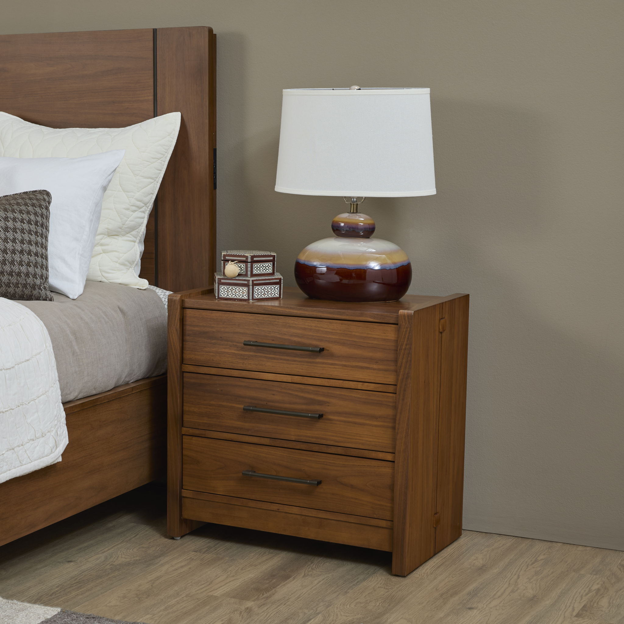 Nightstands d Walnut product Features An architectural, transitional style with eye catching mixed