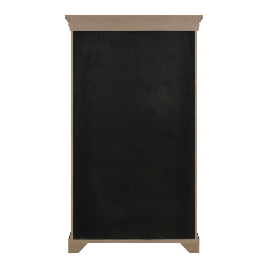 Armoire beige, caractéristiques du produit : quincaillerie bouton en laiton, glissières latérales métalliques (45 mm), façade cannelée