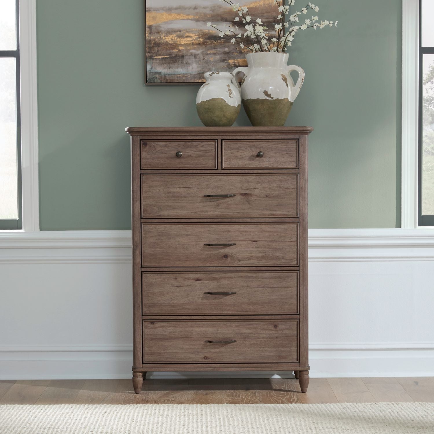 6 Chest Brown product Features Brass Bar Pull & Knob Hardware Simplified Step Moldings