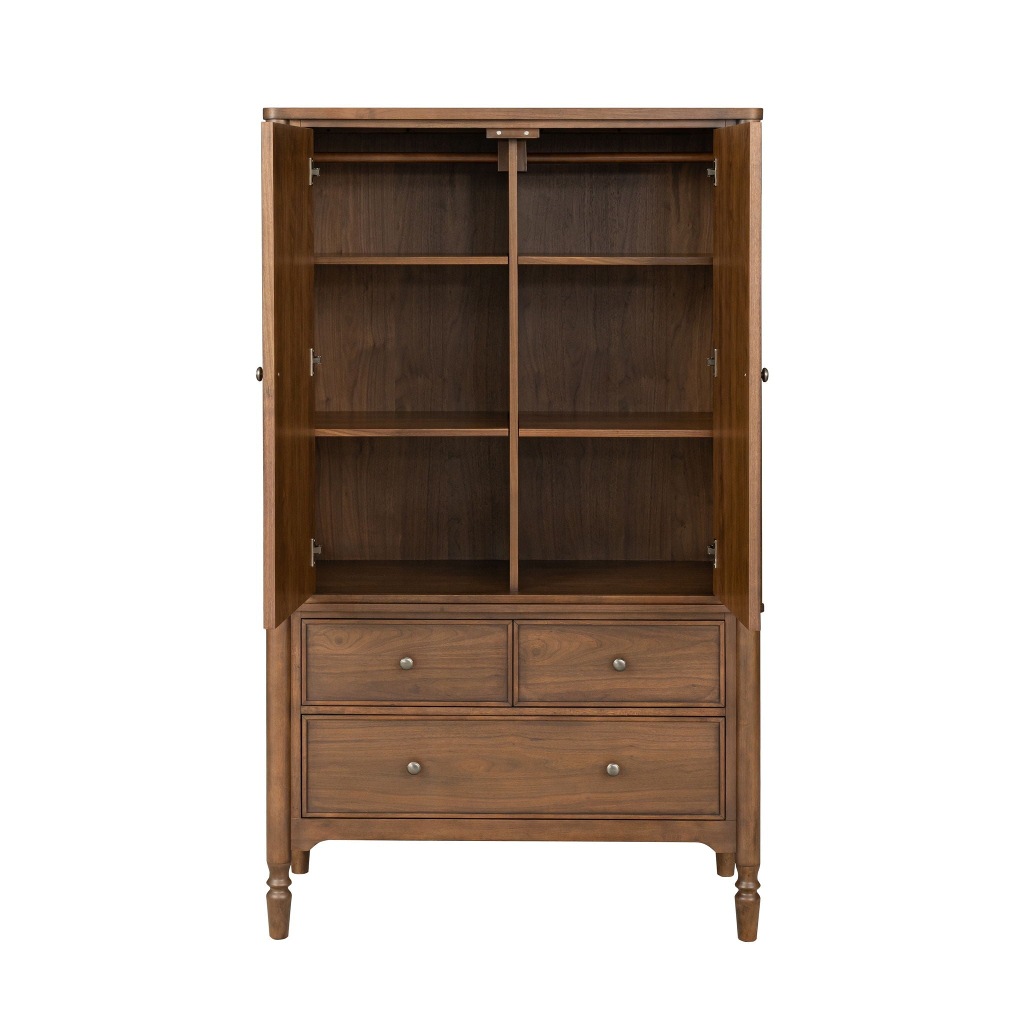 Armoire Walnut product Features New traditional style with turned legs and finial details
