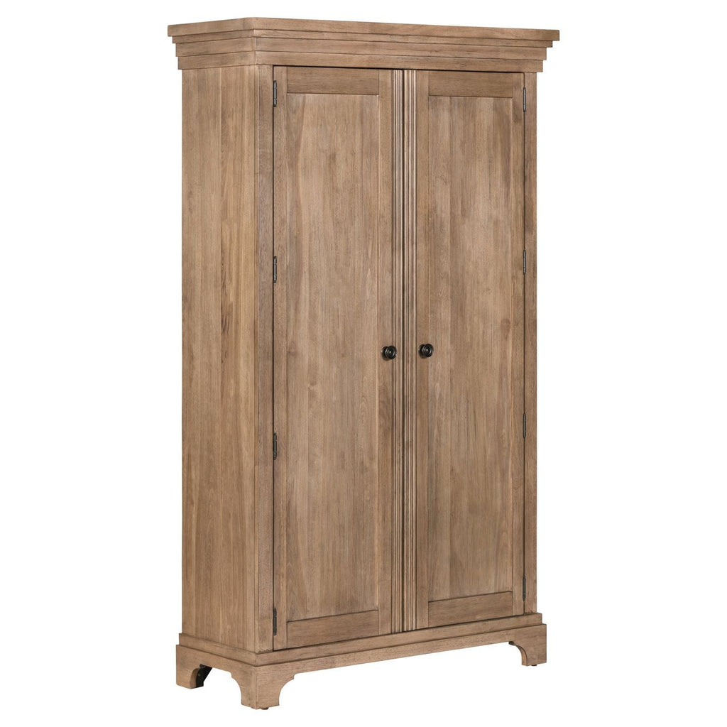 Armoire beige, caractéristiques du produit : quincaillerie bouton en laiton, glissières latérales métalliques (45 mm), façade cannelée