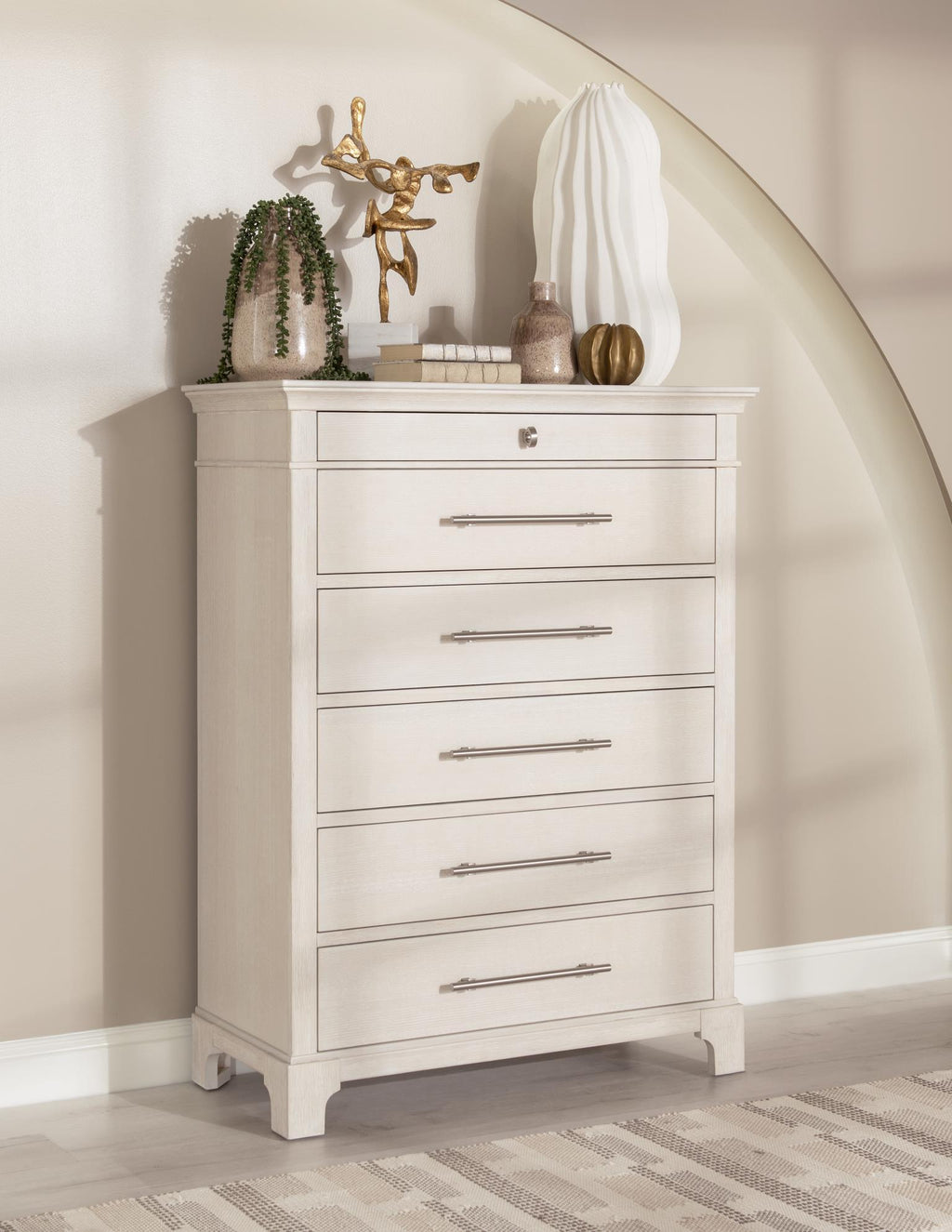 Chest crafted of Ash veneer and Select Hardwood Solids, the fresh finish delivers a