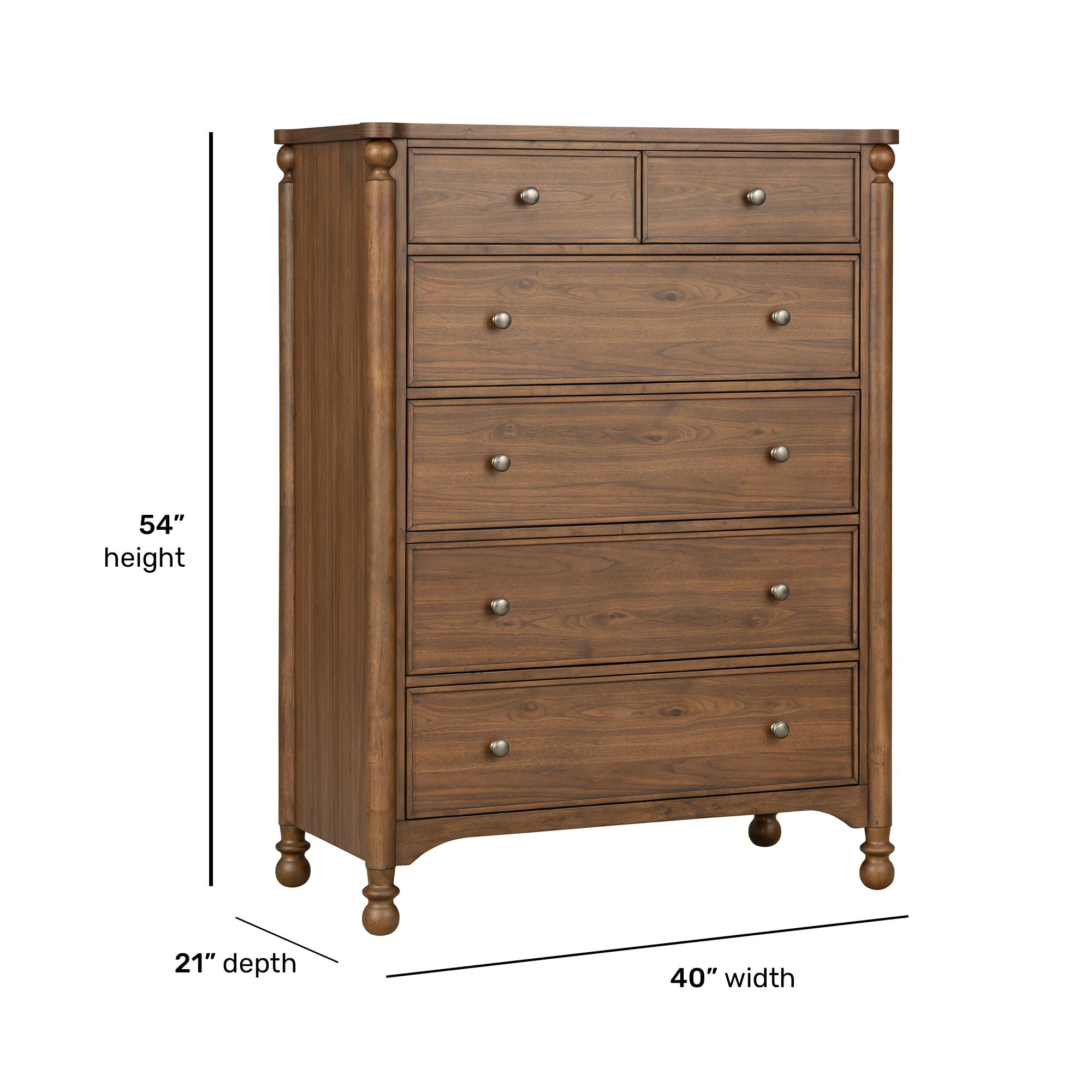 Chest Walnut product Features New traditional style with turned legs and finial details