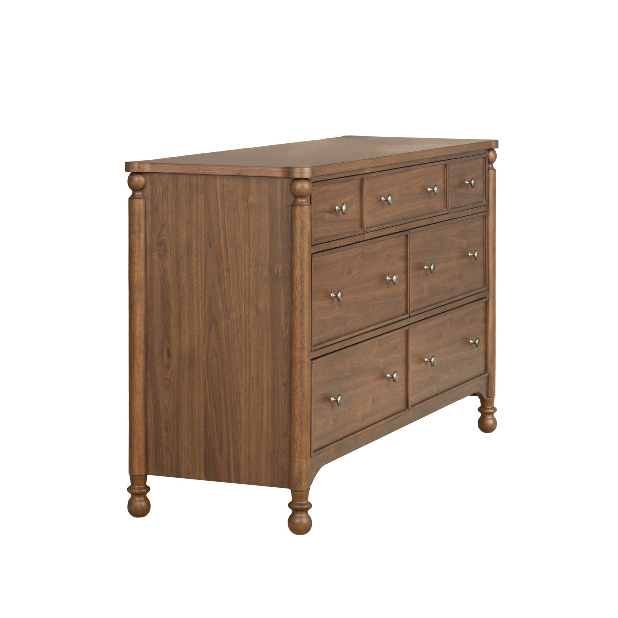 Commode en noyer - Caractéristiques du produit : style néo-traditionnel avec pieds tournés et détails de pinacle.