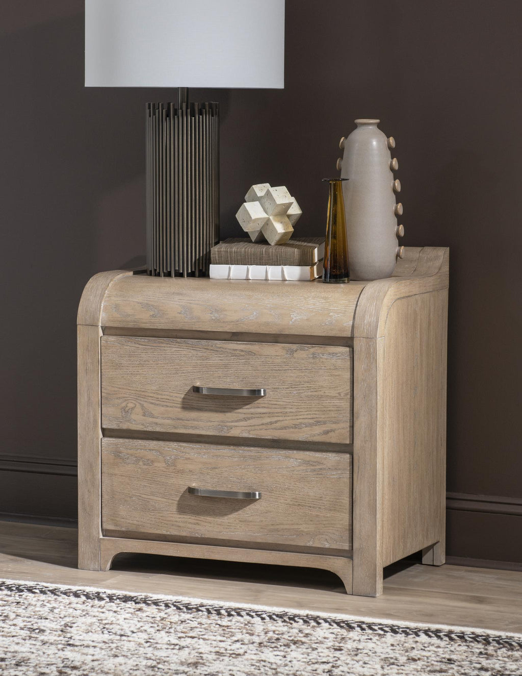 2 Nightstands d product Features Soft Finish Gentle Case Shaping Brushed Silver Hardware 2