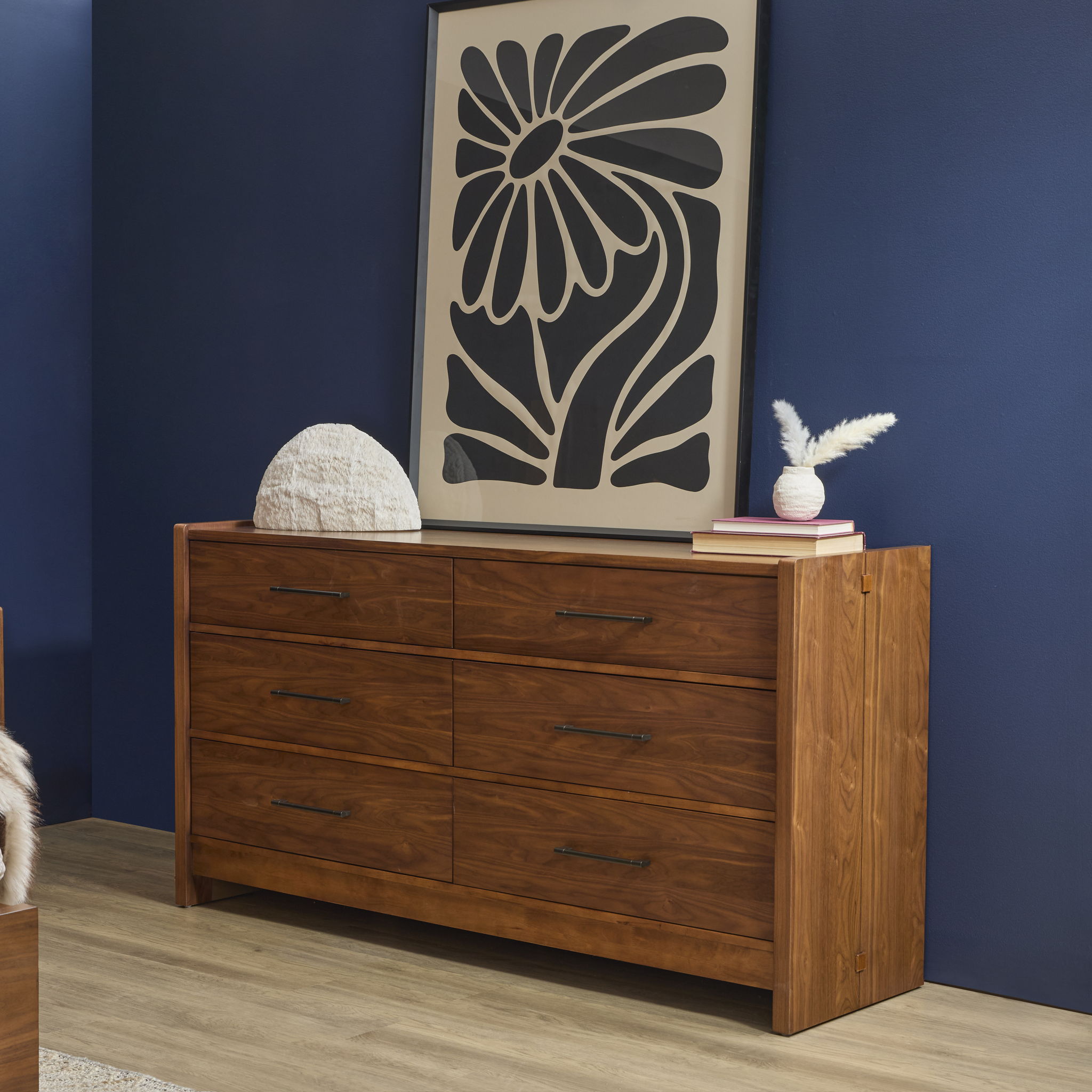 Dresser Walnut product Features An architectural, transitional style with eye-catching mixed