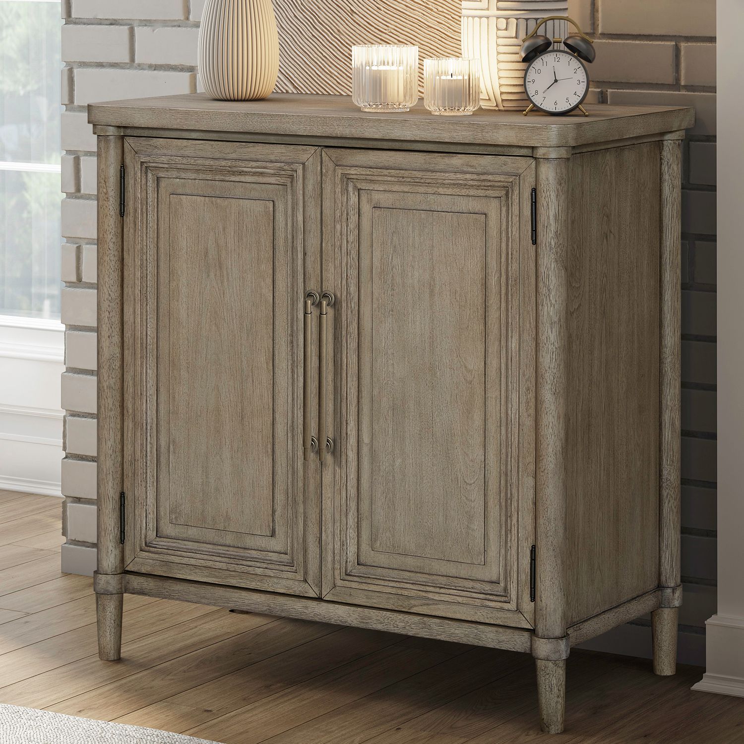 Bedside Chest With Taupe product Features Brass Wash Bar Pull Hardware Built In 2 AC, 1 USB A & 1 USB C