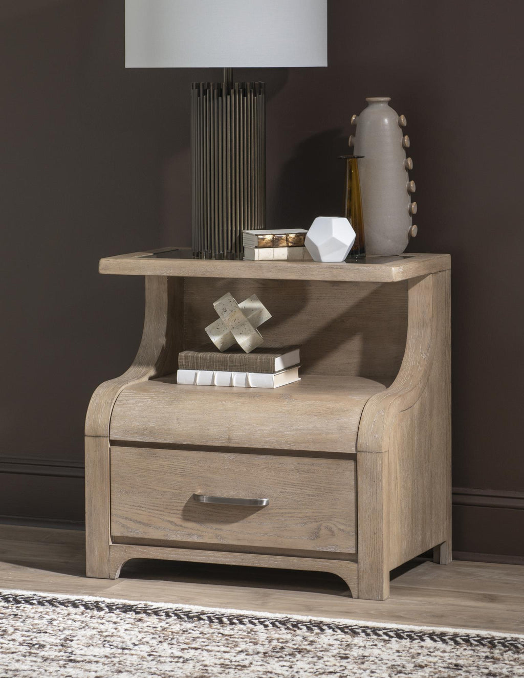 1 Nightstands d product Features Soft Finish Gentle Case Shaping Brushed Silver Hardware 1
