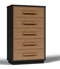 Commode à cinq tiroirs noir/marron Caractéristiques du produit Fabriquée en bois manufacturé (MDF/panneau de particules/contreplaqué) et