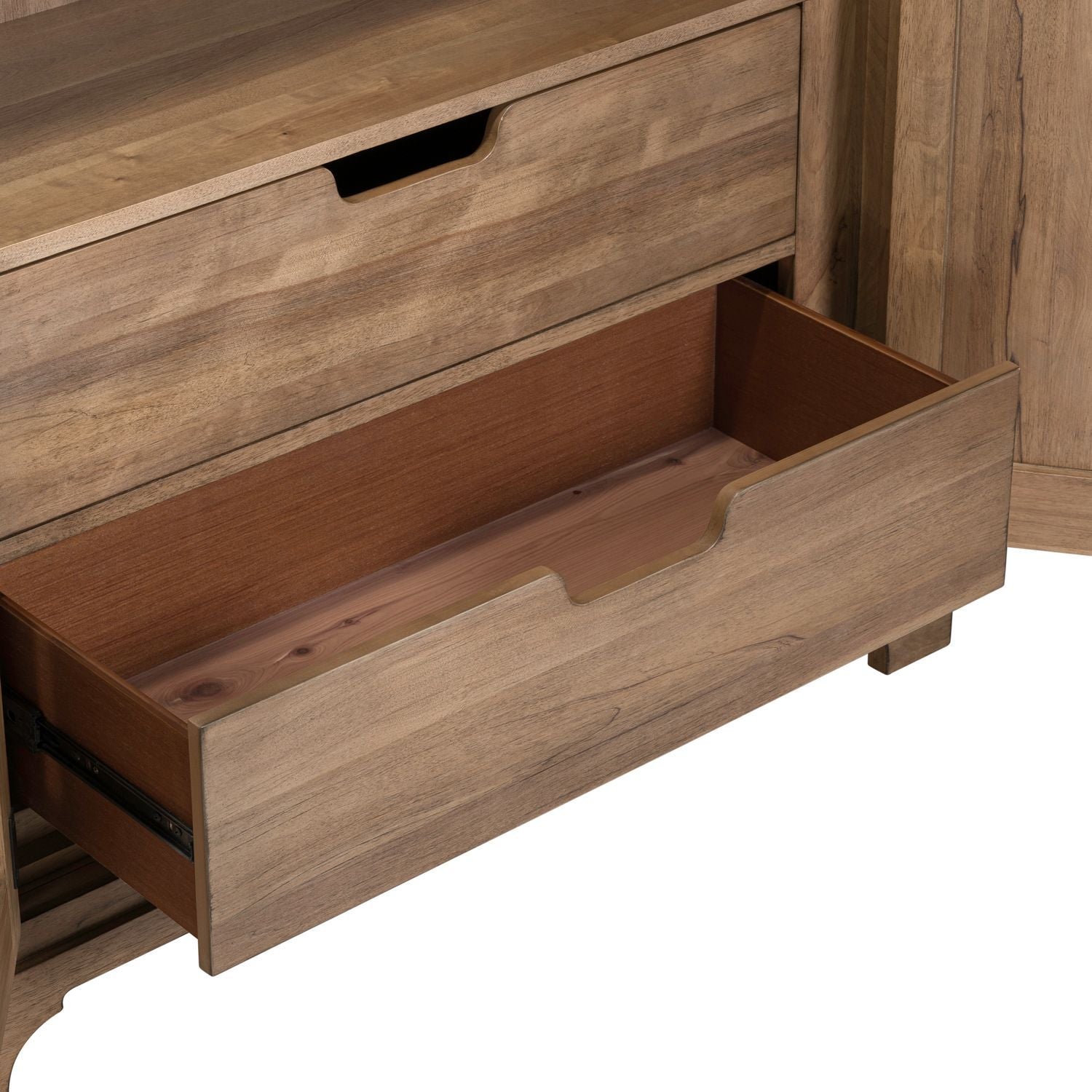 Armoire beige, caractéristiques du produit : quincaillerie bouton en laiton, glissières latérales métalliques (45 mm), façade cannelée
