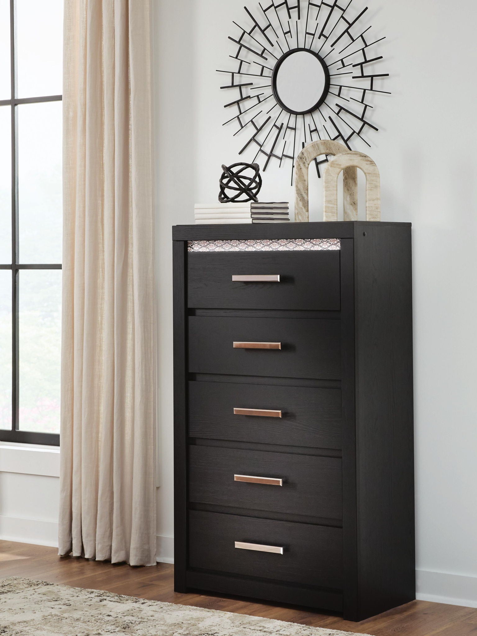 Five Chest Black product Features Made with engineered wood (MDF/particleboard/plywood) and