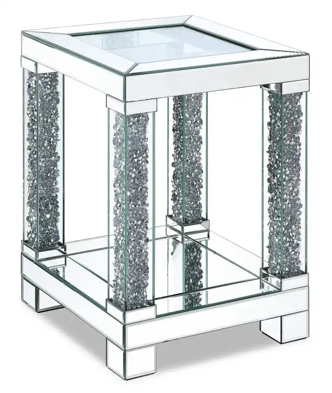 Berni 18 Glam Mirror & Glass Top End Table with Shelf - Silver Metal with Diamond Look Legs