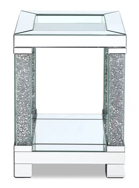 Berni 18 Glam Mirror & Glass Top End Table with Shelf - Silver Metal with Diamond Look Legs