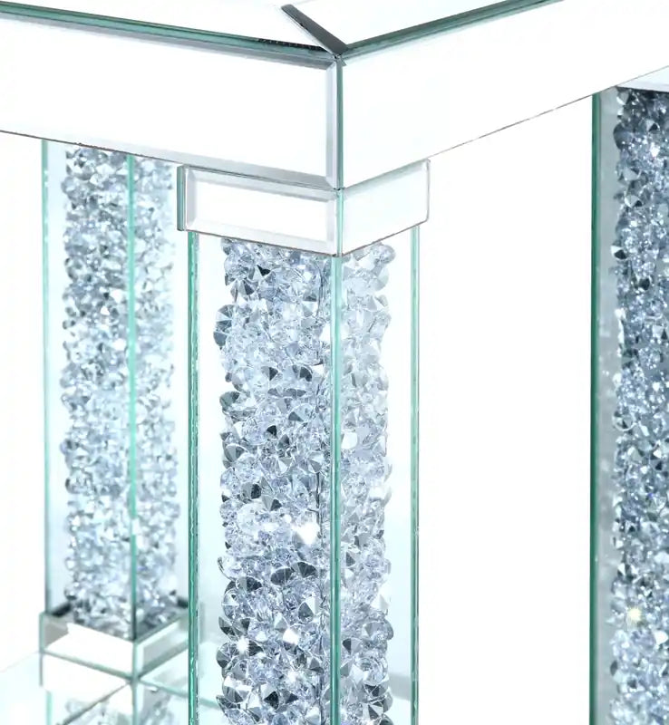 Berni 18 Glam Mirror & Glass Top End Table with Shelf - Silver Metal with Diamond Look Legs