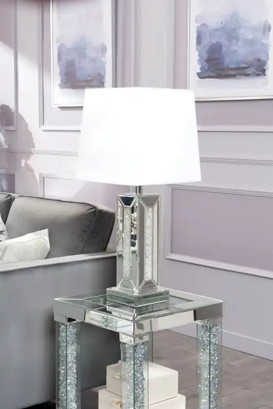 Berni 18 Glam Mirror & Glass Top End Table with Shelf - Silver Metal with Diamond Look Legs