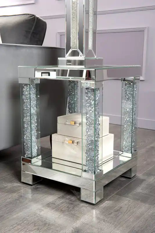 Berni 18 Glam Mirror & Glass Top End Table with Shelf - Silver Metal with Diamond Look Legs