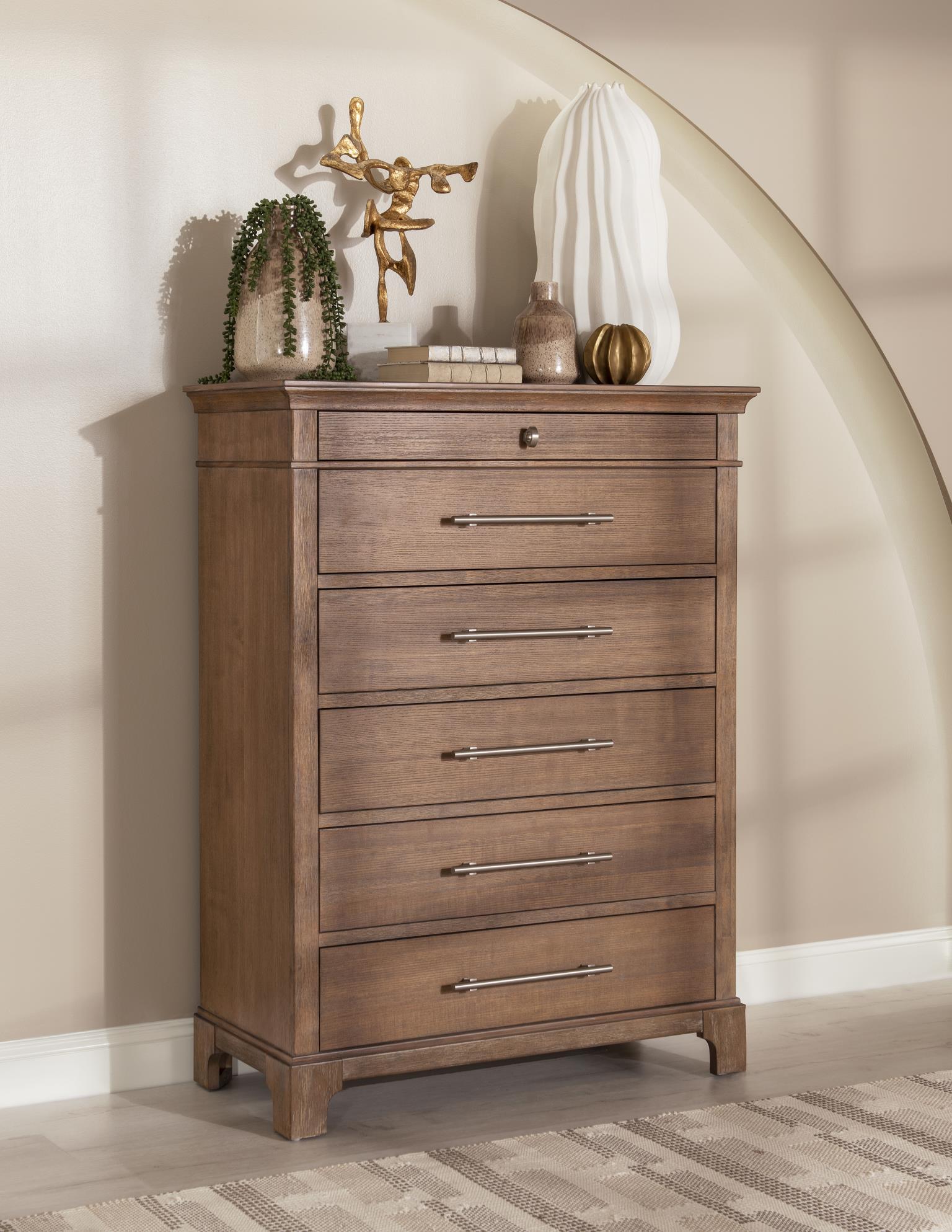 Chest crafted of Ash veneer and Select Hardwood Solids, the fresh finish delivers a