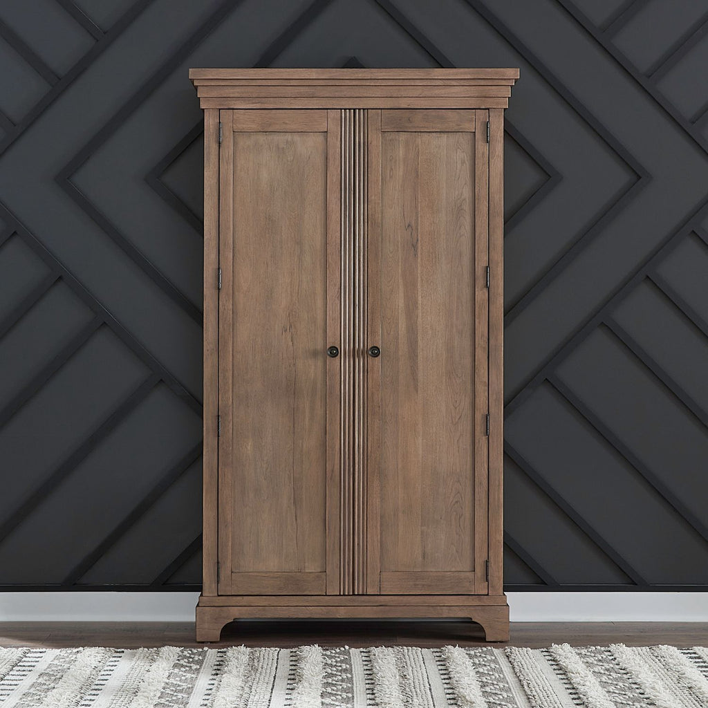 Armoire beige, caractéristiques du produit : quincaillerie bouton en laiton, glissières latérales métalliques (45 mm), façade cannelée