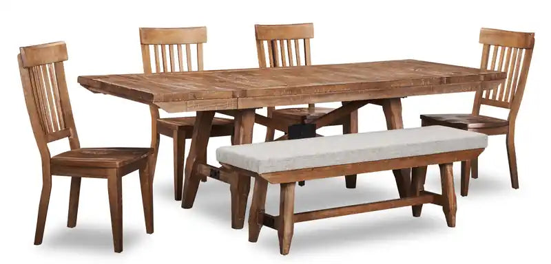 Cedar 6pc Dining Set with Table, Bench & 4 Chairs, Pine Wood, Trestle-Base, 72.07W