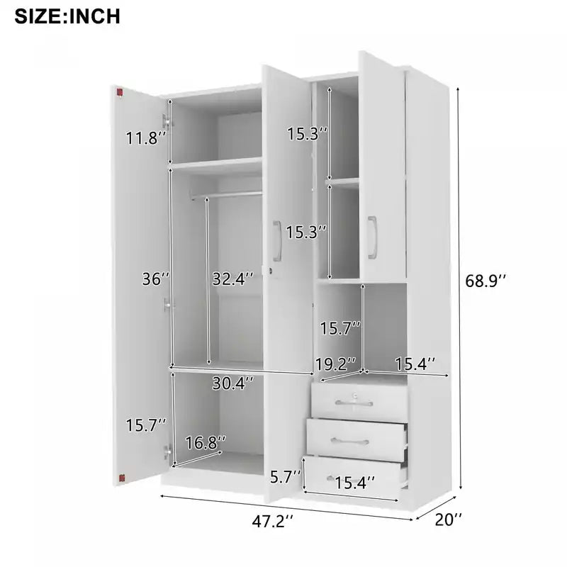 Lydia 47.2 2-doors Wooden Wardrobe Storage With Shelves And 3 Drawers