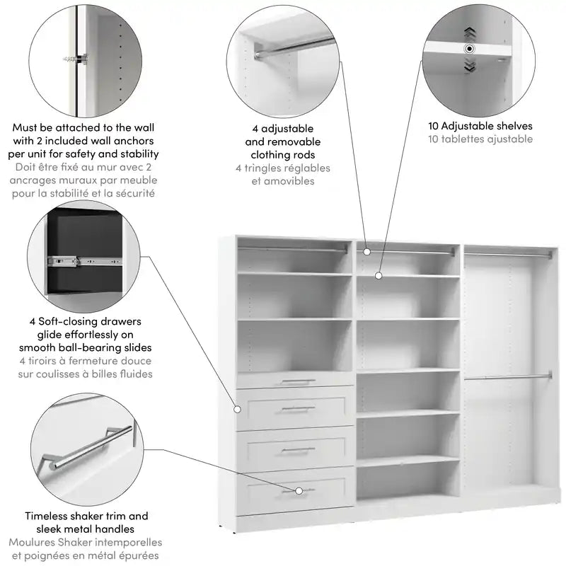 Bestar Florence 107 Modular Walk-In Closet System with Rods, Shelves and Drawers Shaker Style