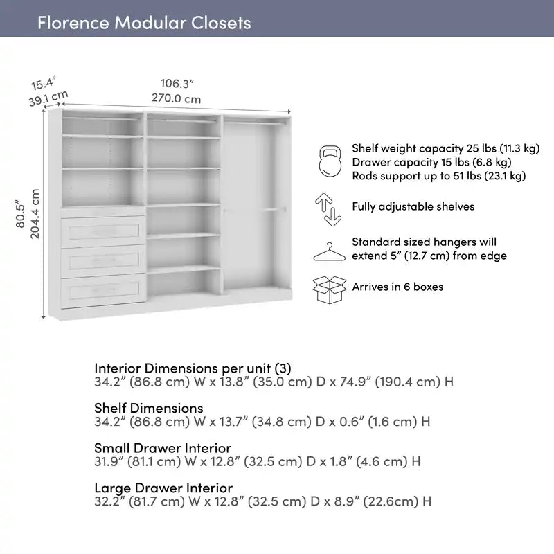 Bestar Florence 107 Modular Walk-In Closet System with Rods, Shelves and Drawers Shaker Style