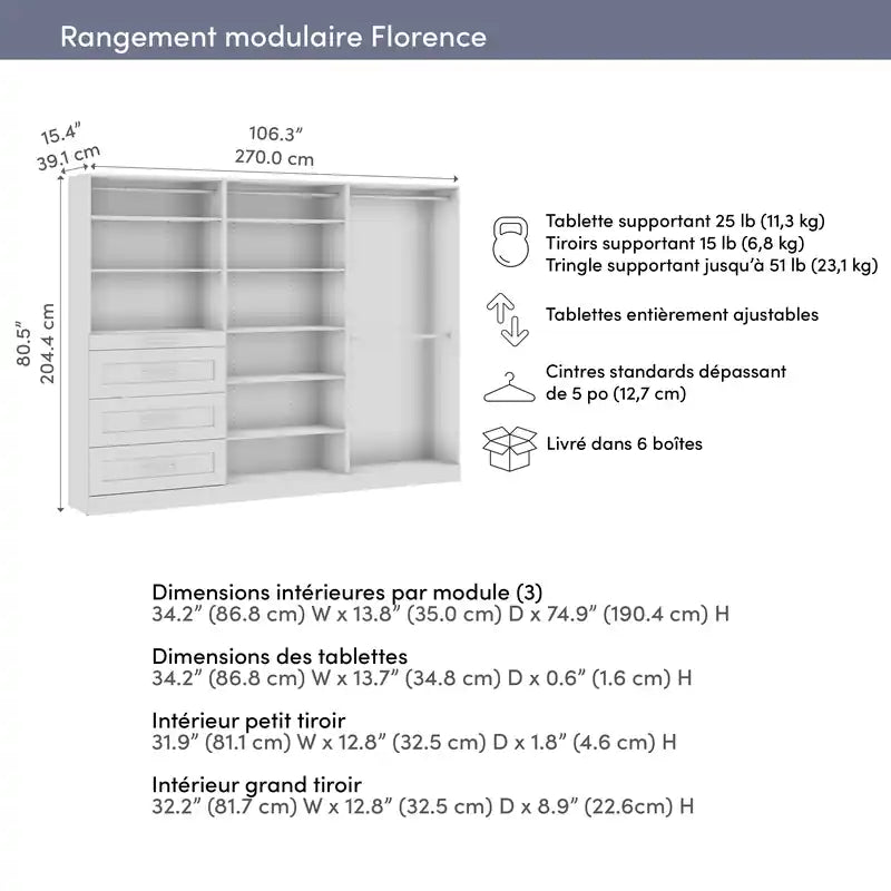 Bestar Florence 107 Modular Walk-In Closet System with Rods, Shelves and Drawers Shaker Style