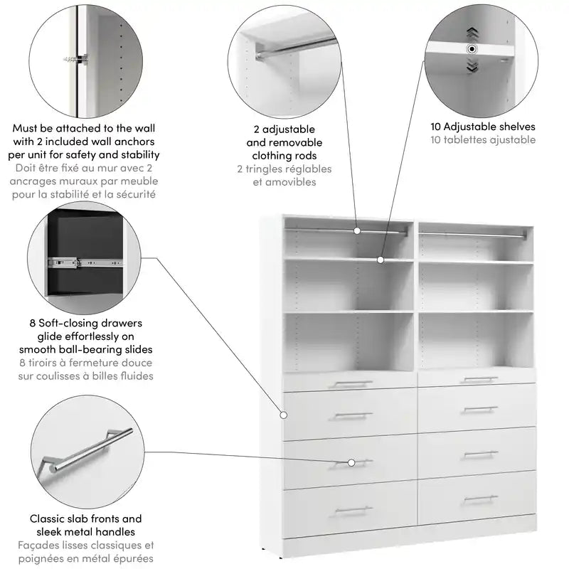 Bestar Florence 71 Modular Reach-In/Walk-In Closet System with Shelves and Drawers Slab Style
