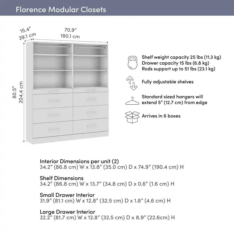Bestar Florence 71 Modular Reach-In/Walk-In Closet System with Shelves and Drawers Slab Style