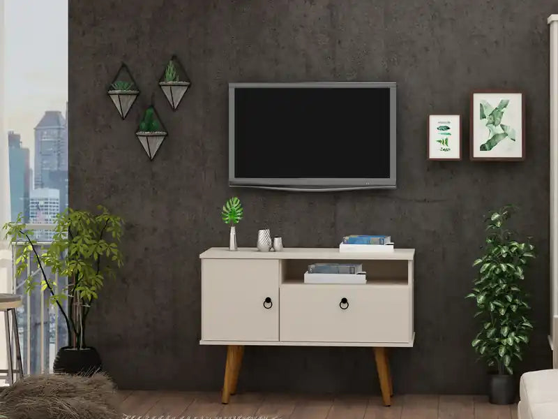 Manhattan Comfort Tribeca 35.43 Mid-Century Modern TV Stand with Solid Wood Legs - Off White