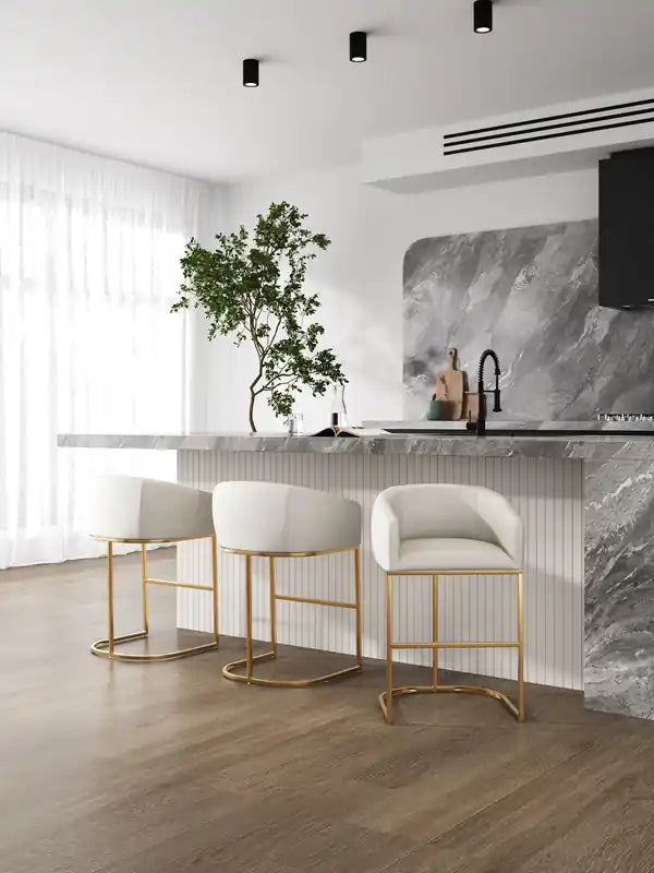 Manhattan Comfort Louvre 36 Stainless Steel Counter Height Barstool - Cream & Titanium Gold
