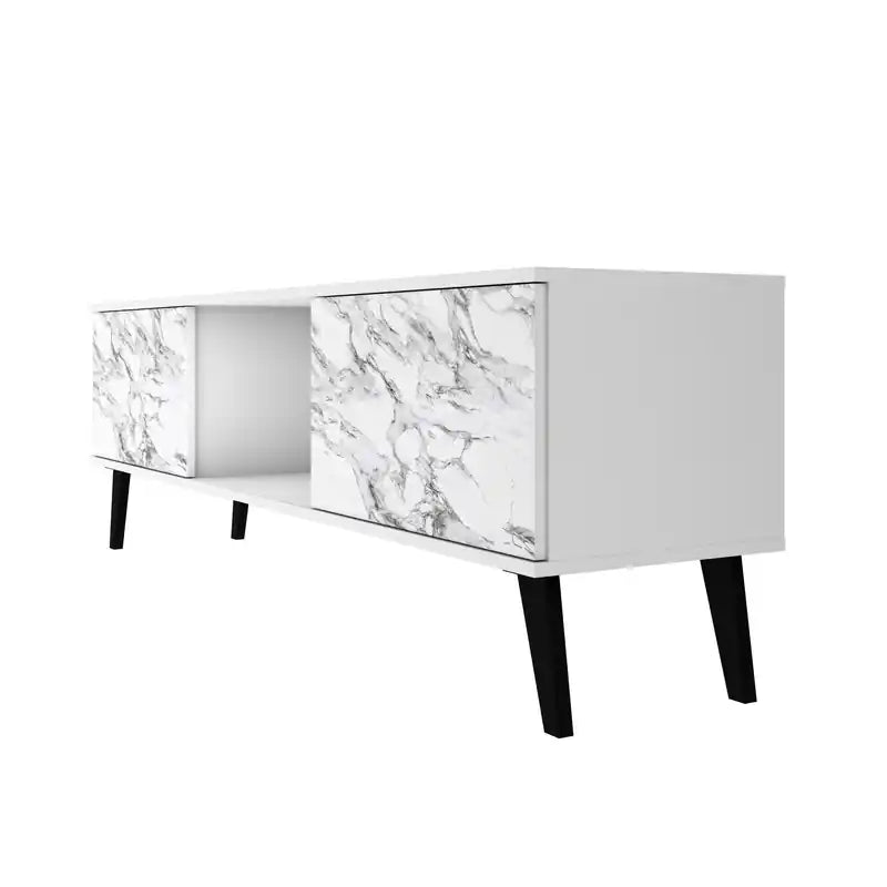 Manhattan Comfort Doyers 62.20 Mid-Century Modern TV Stand - White & Marble Stamp