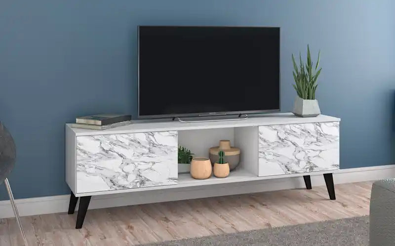 Manhattan Comfort Doyers 62.20 Mid-Century Modern TV Stand - White & Marble Stamp