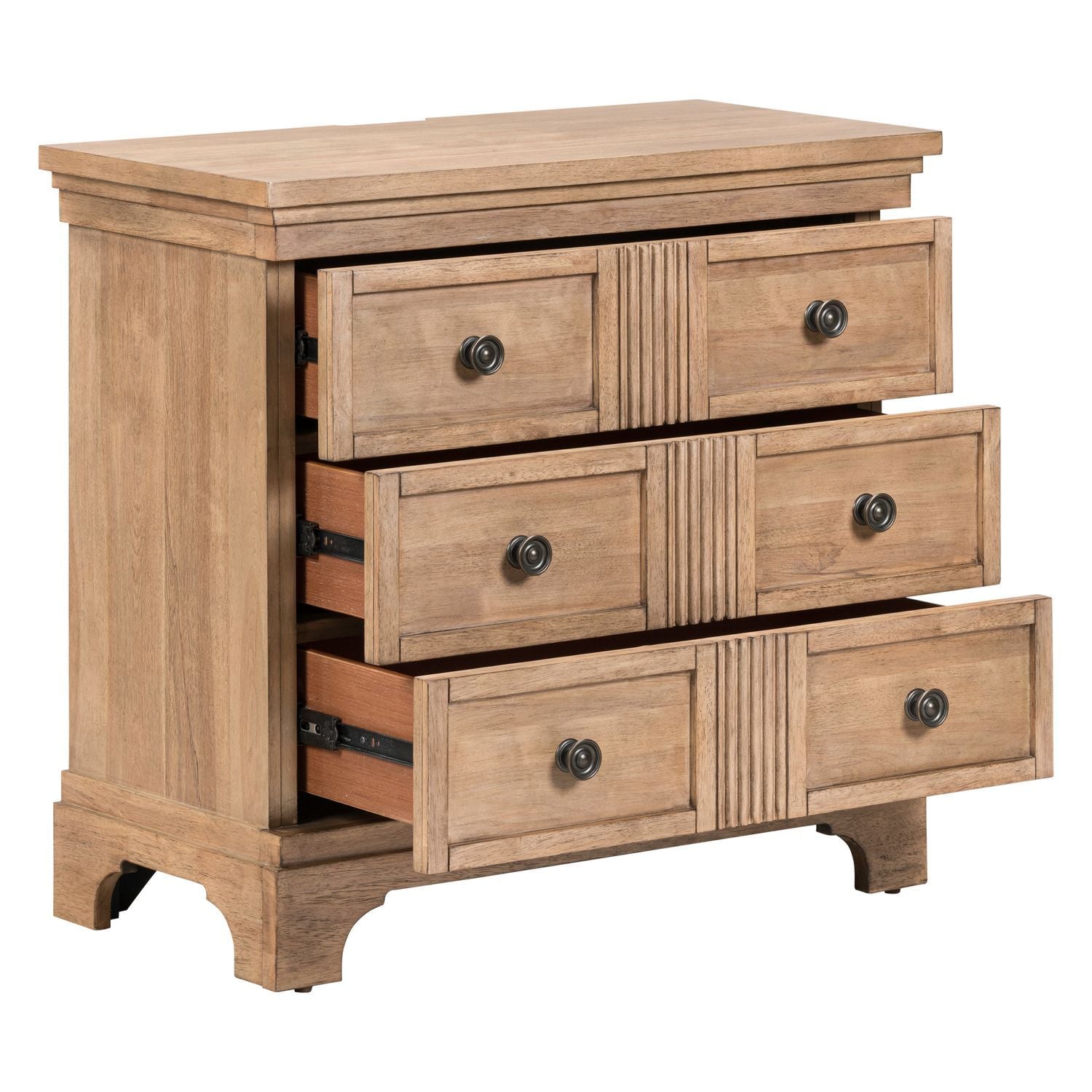 Table de chevet avec tiroirs Caractéristiques du produit Beige Bouton en laiton Glissières métalliques latérales (45 mm) Feutre de qualité supérieure