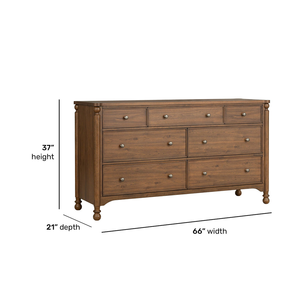 Commode en noyer - Caractéristiques du produit : style néo-traditionnel avec pieds tournés et détails de pinacle.
