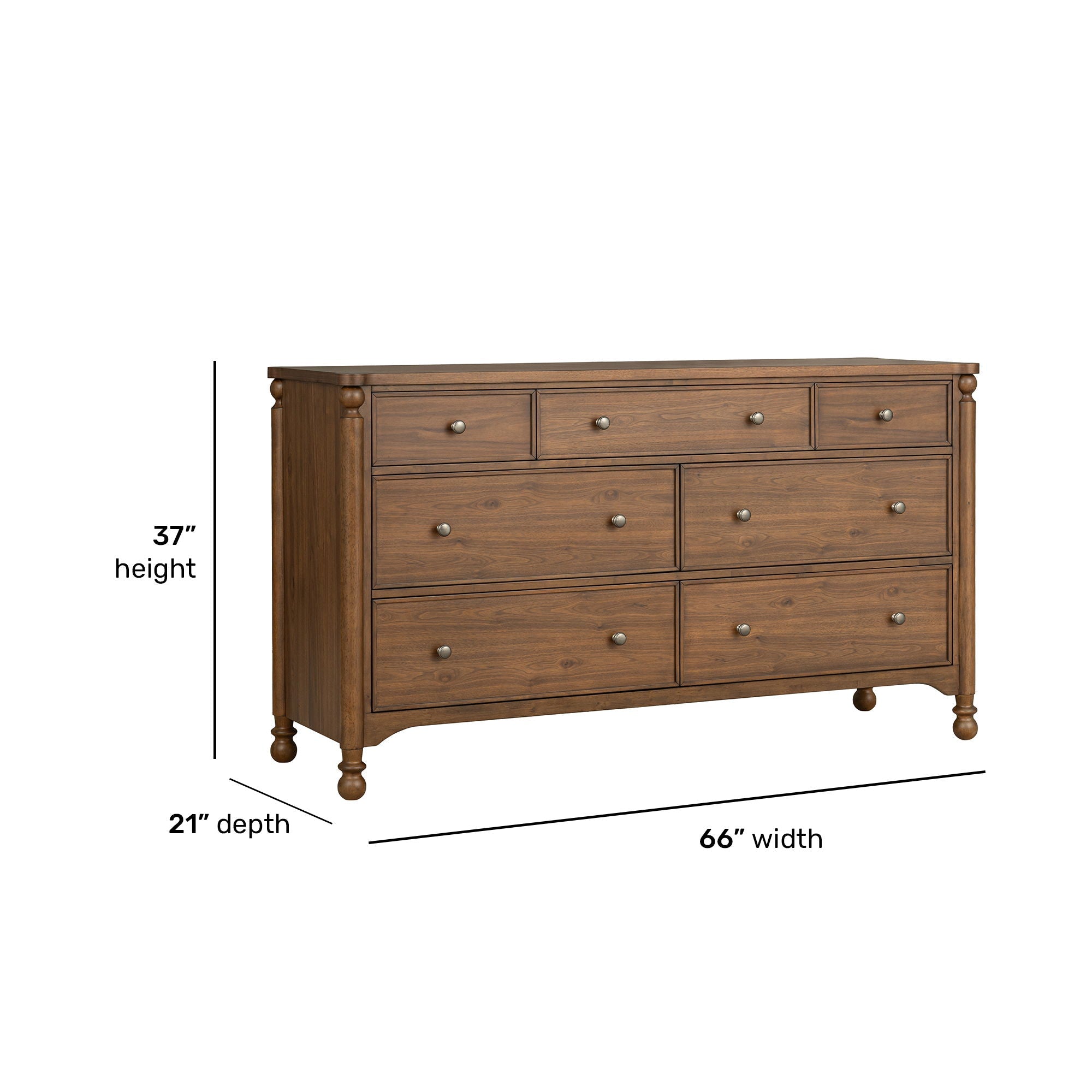 Commode en noyer - Caractéristiques du produit : style néo-traditionnel avec pieds tournés et détails de pinacle.